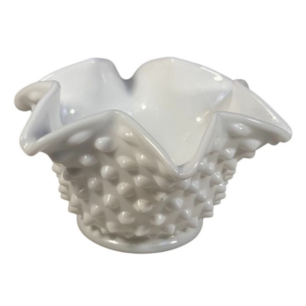 Vintage Hobnail Milk Bonbon Glass Star Ruffled Edge Bowl 3" Fenton Style White